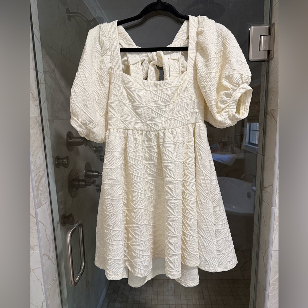 Free People Cream Textured Mini Dress with Puff Sleeves